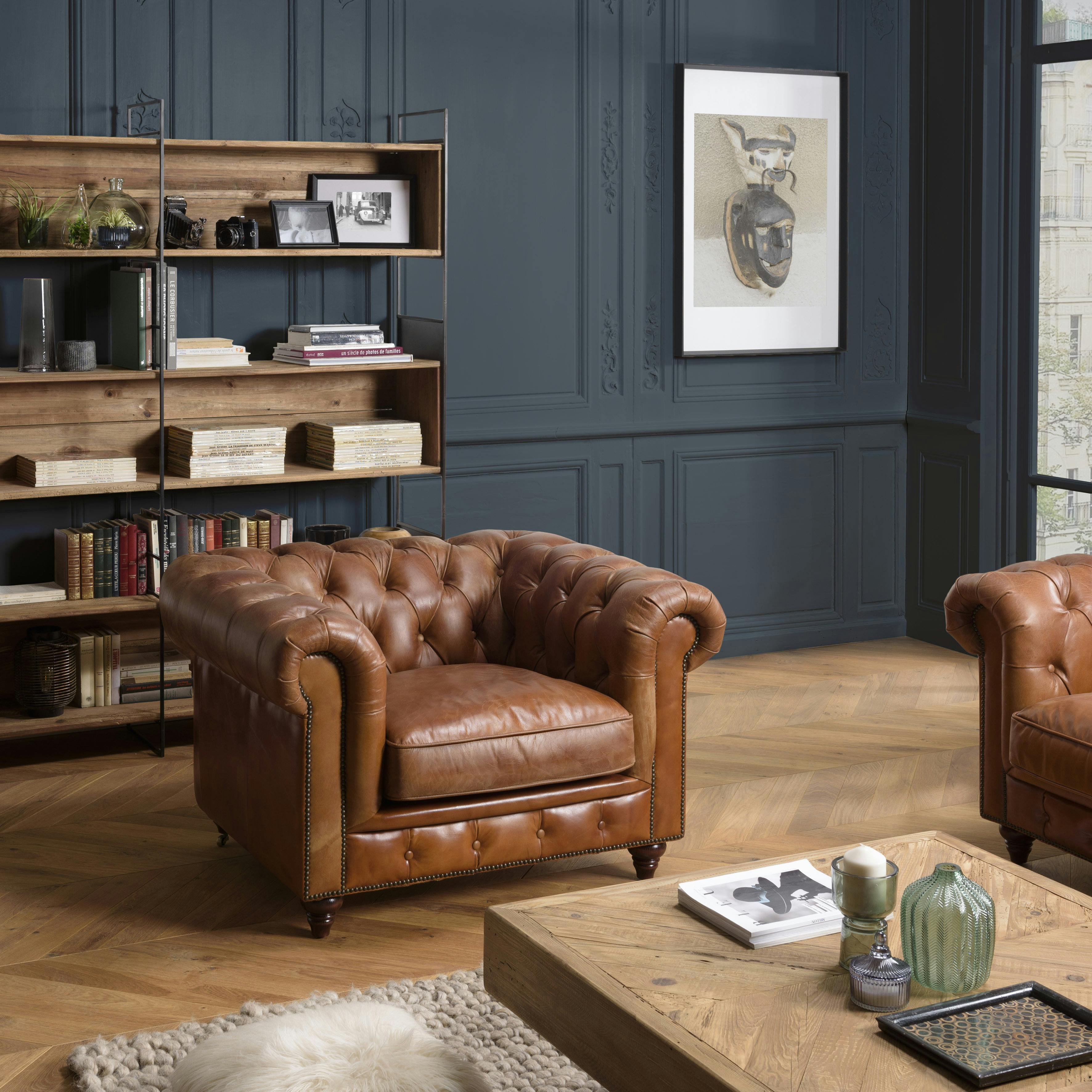 Fauteuil cuir brun Chesterfield 2 roulettes PRESTON