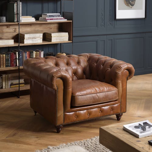 Fauteuil cuir brun Chesterfield 2 roulettes PRESTON