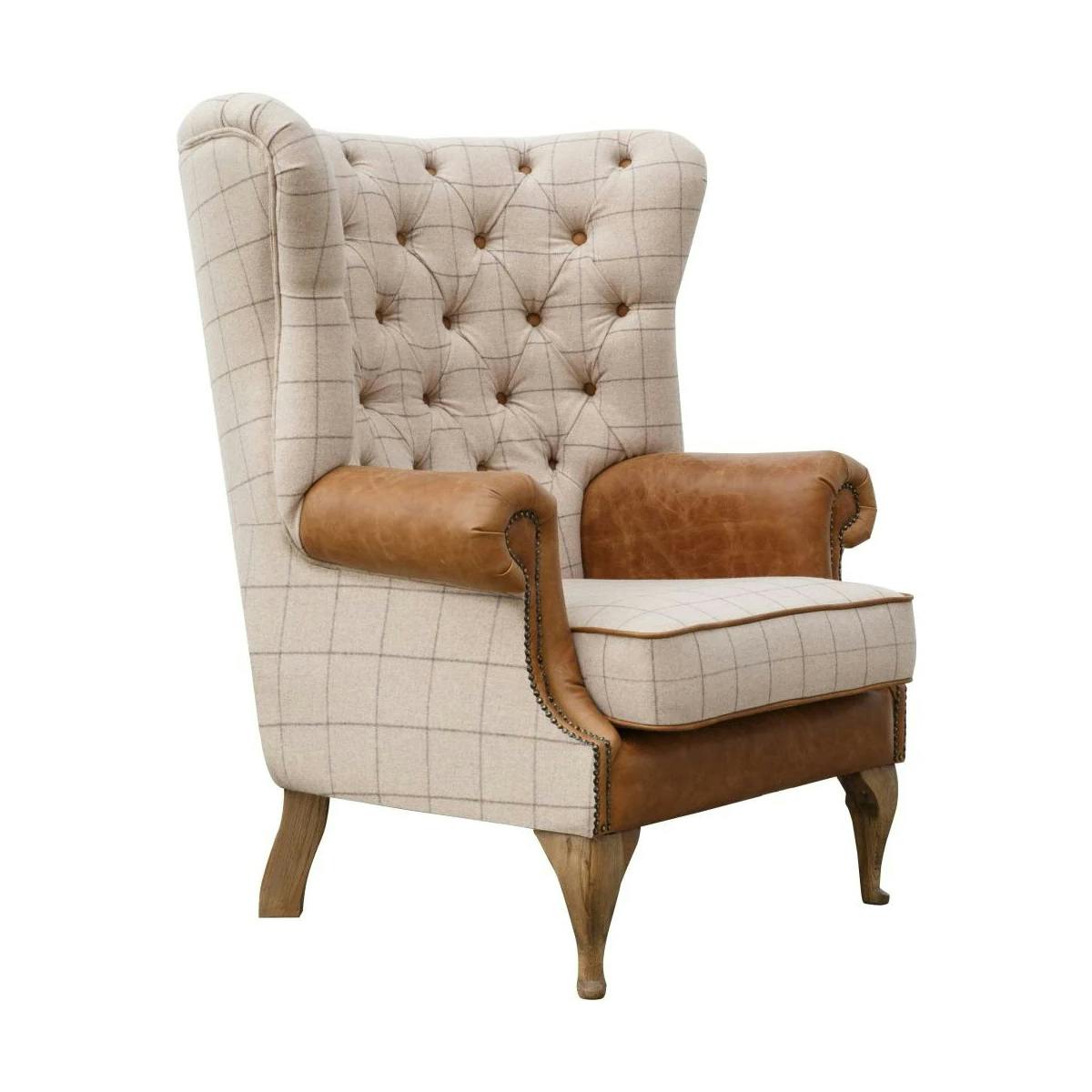 Fauteuil cuir et tissu écru capitonné COTTAGE