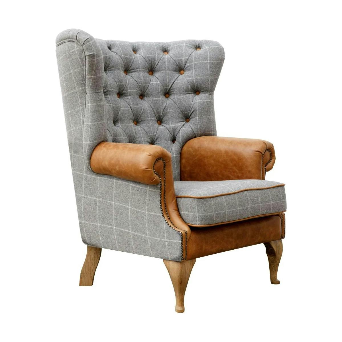 Fauteuil cuir et tissu gris capitonné COTTAGE