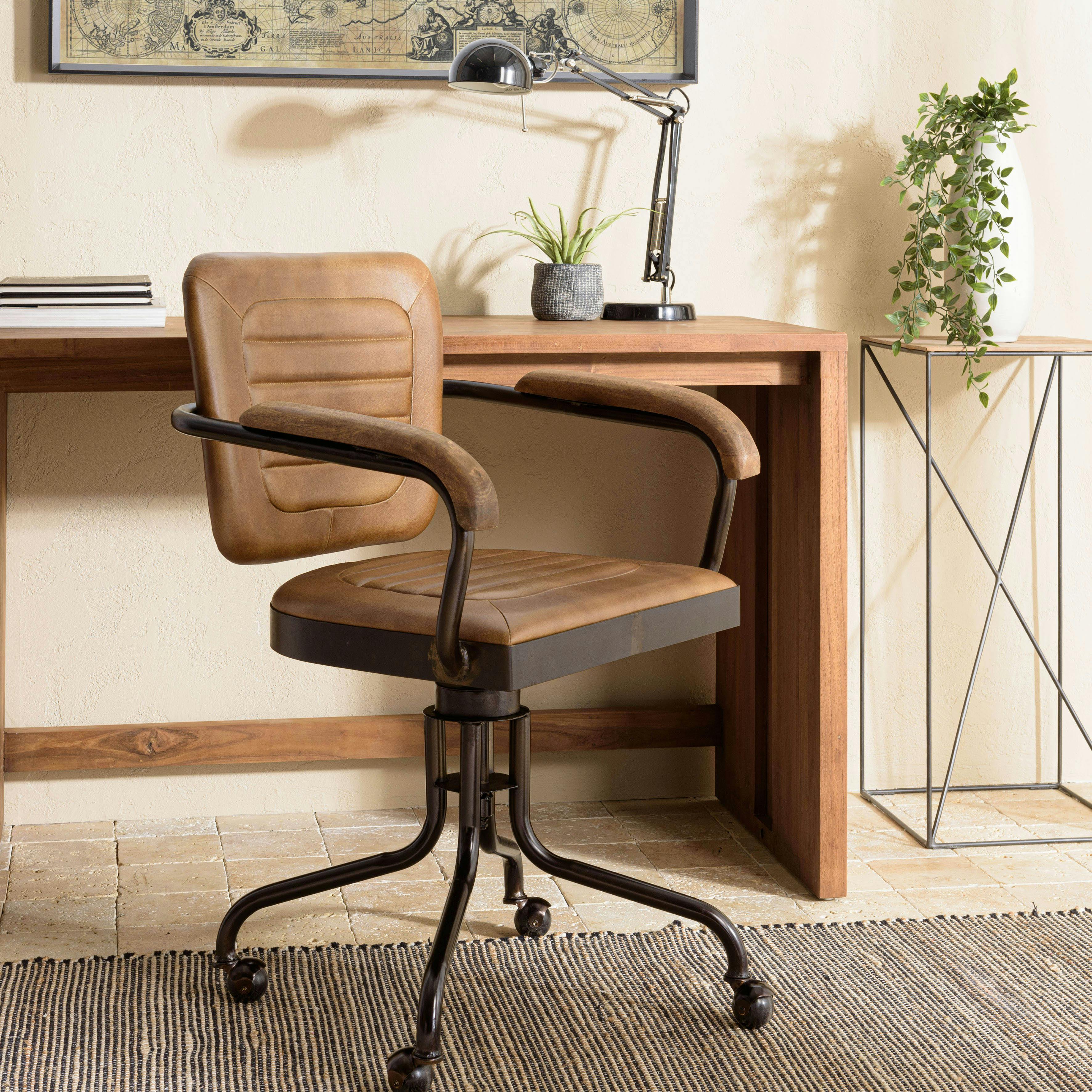 Fauteuil de bureau à roulettes cuir havane et bois TIM