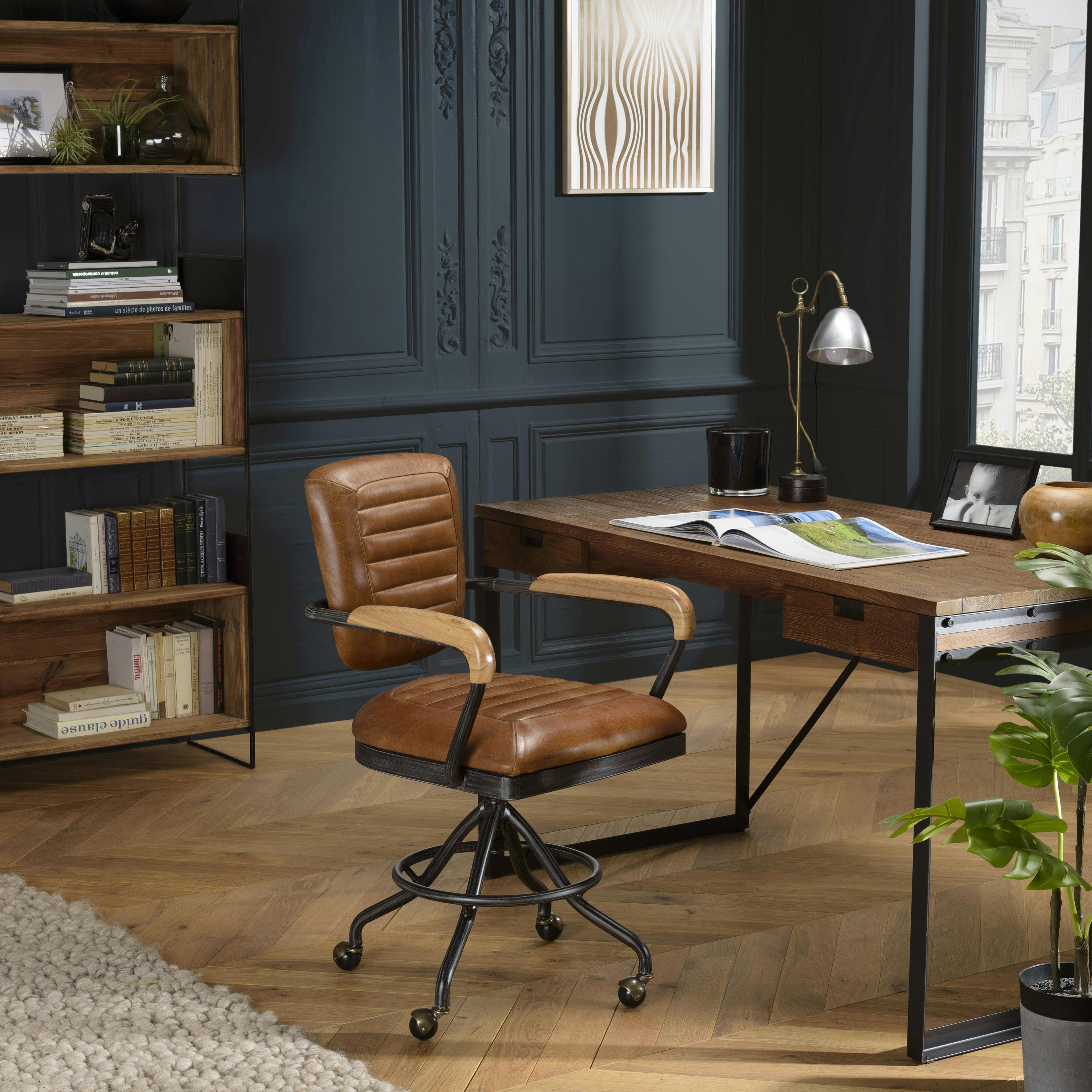 Fauteuil de bureau cuir brun sur roulettes PRESTON