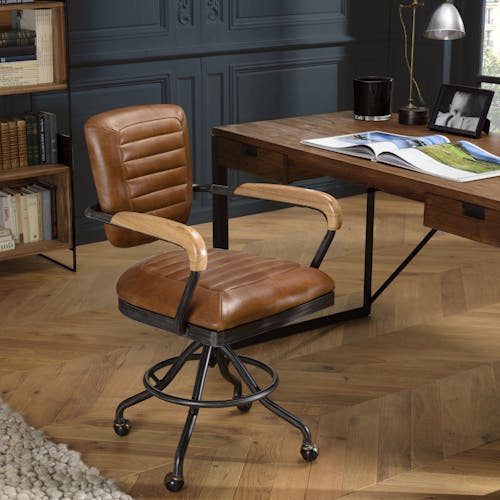 Fauteuil de bureau cuir brun sur roulettes PRESTON