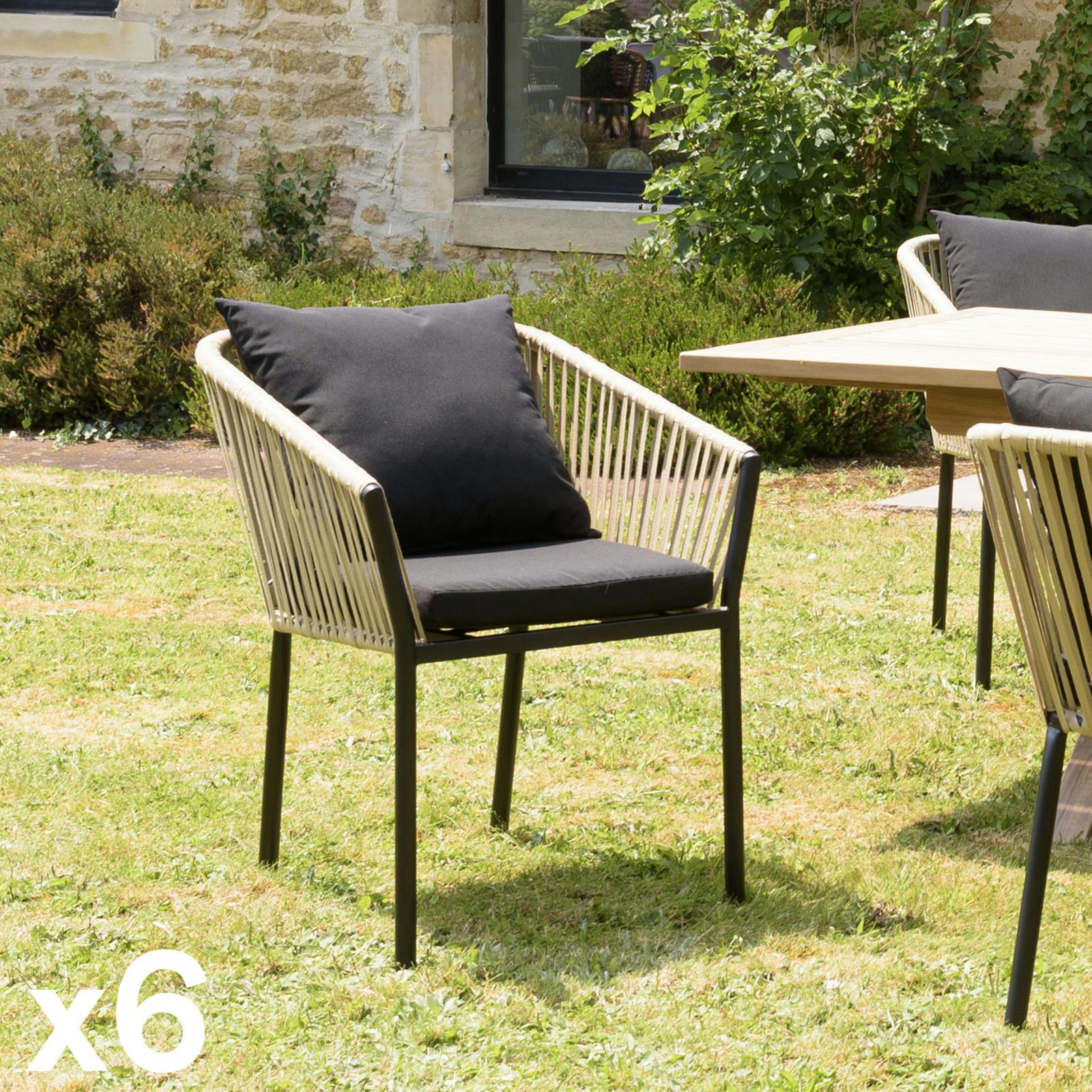 Fauteuil de jardin cordage couleur naturelle 2 coussins noirs (lot de 6) GIJON