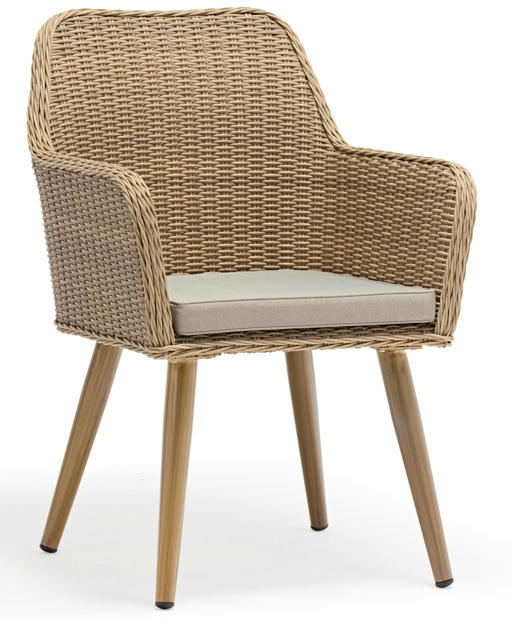Fauteuil de Jardin CUBA en résine tressée couleur sable et coussin tissu couleur sable