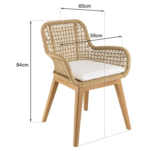 Fauteuil de jardin teck et assise tressée beige avec coussin blanc (lot de 2) SUMMER