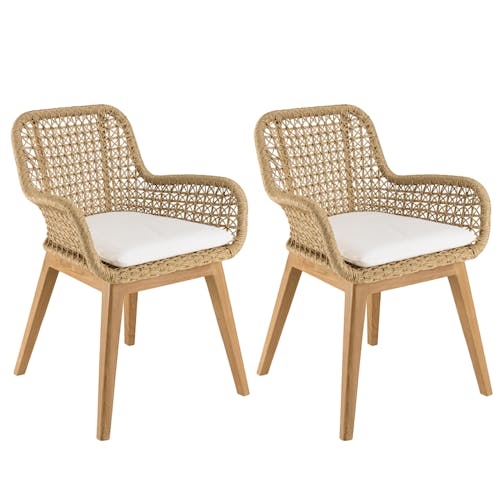 Fauteuil de jardin teck et assise tressée beige avec coussin blanc (lot de 2) SUMMER