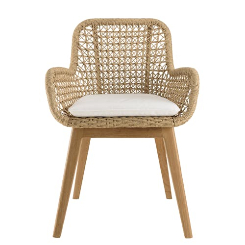 Fauteuil de jardin teck et assise tressée beige avec coussin blanc (lot de 2) SUMMER