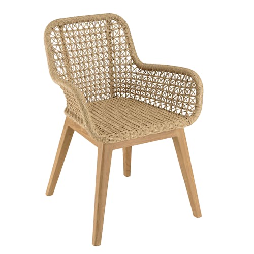 Fauteuil de jardin teck et assise tressée beige avec coussin blanc (lot de 2) SUMMER