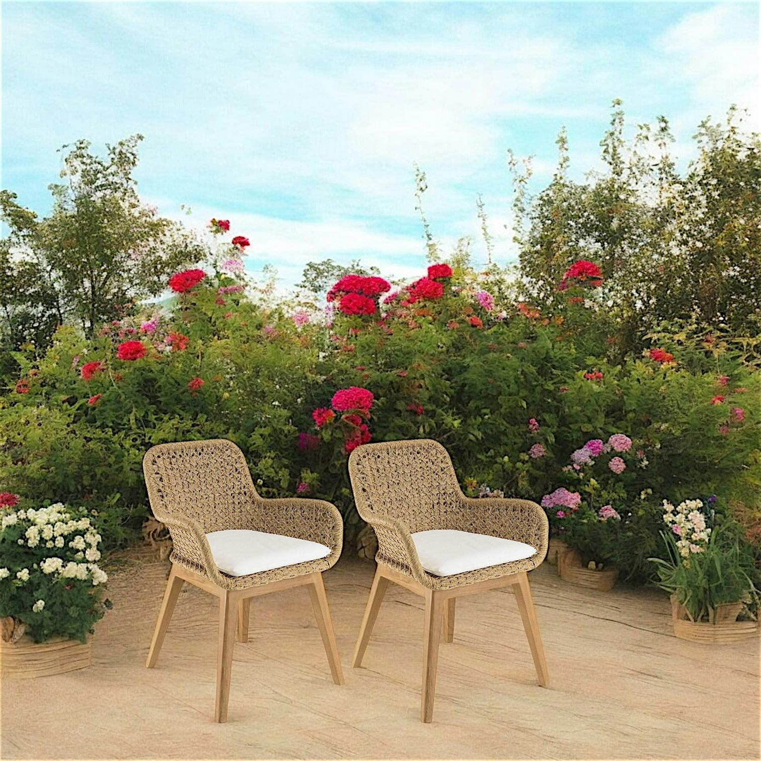 Fauteuil de jardin teck et assise tressée beige avec coussin blanc (lot de 2) SUMMER