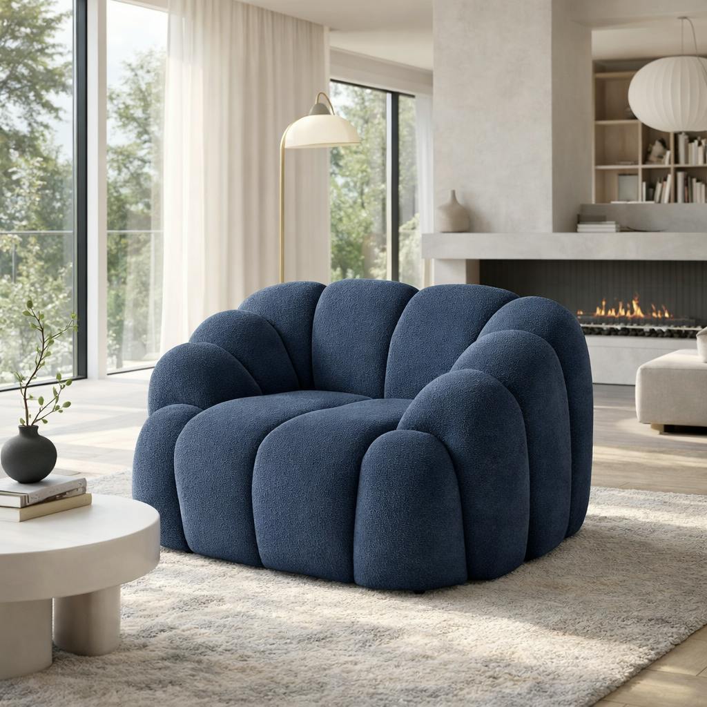 Fauteuil de salon bleu foncé design arrondi ONDA
