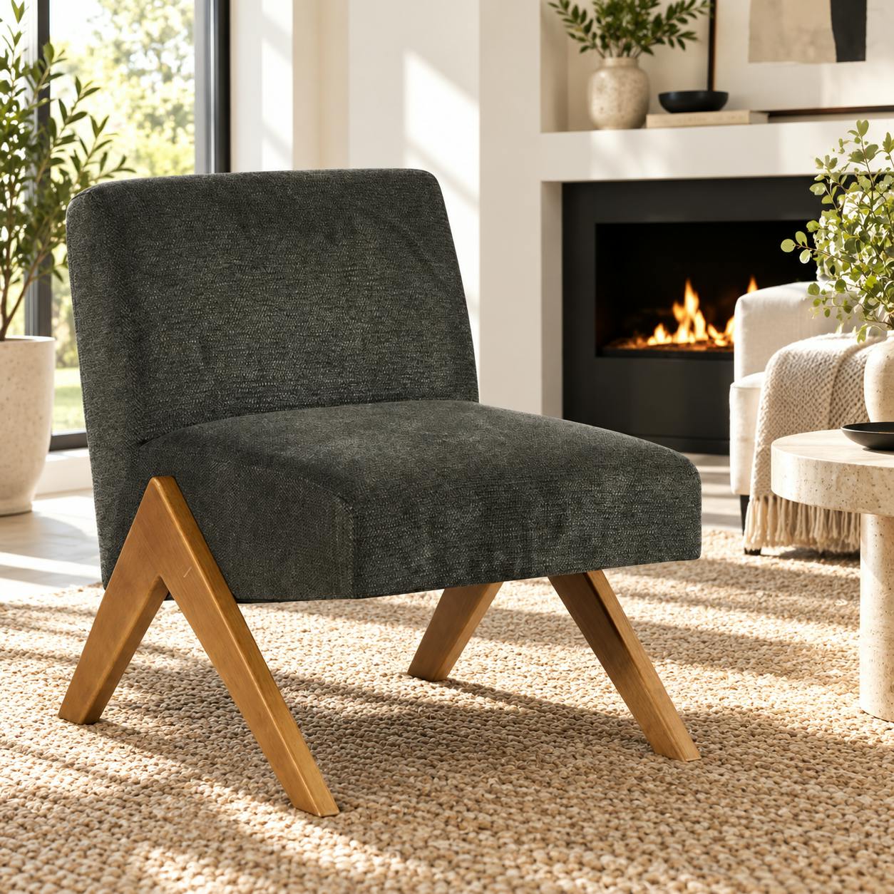 Fauteuil de salon bois et velours anthracite SOHO