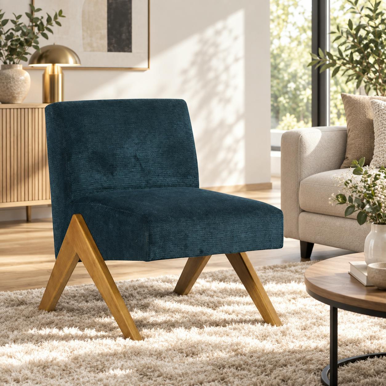 Fauteuil de salon bois et velours bleu SOHO