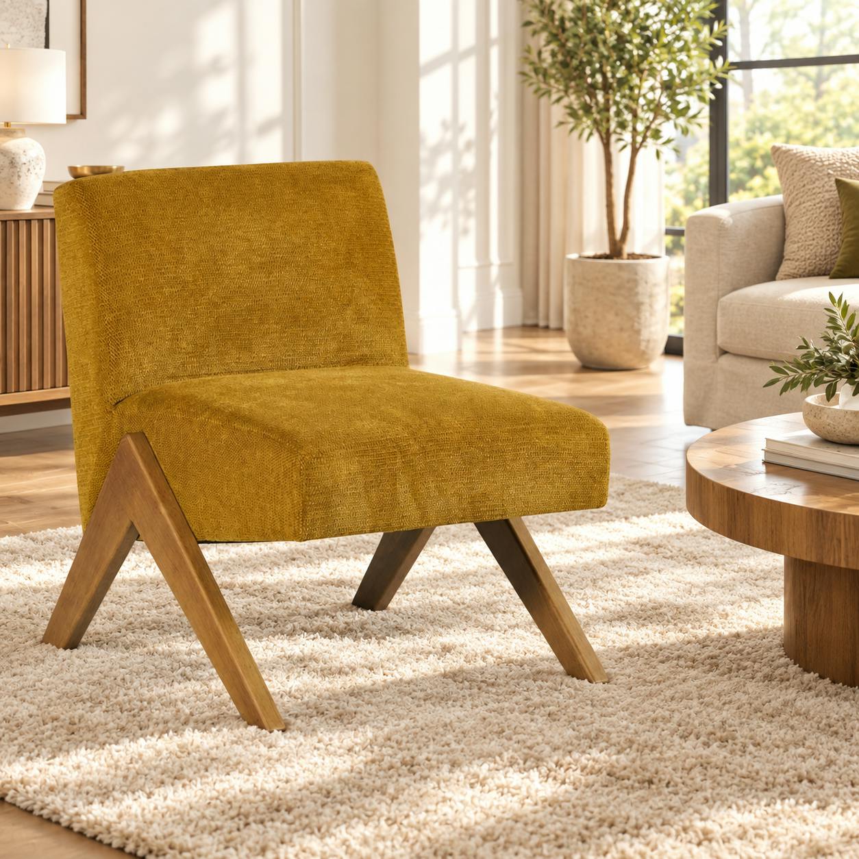 Fauteuil de salon bois et velours moutarde SOHO
