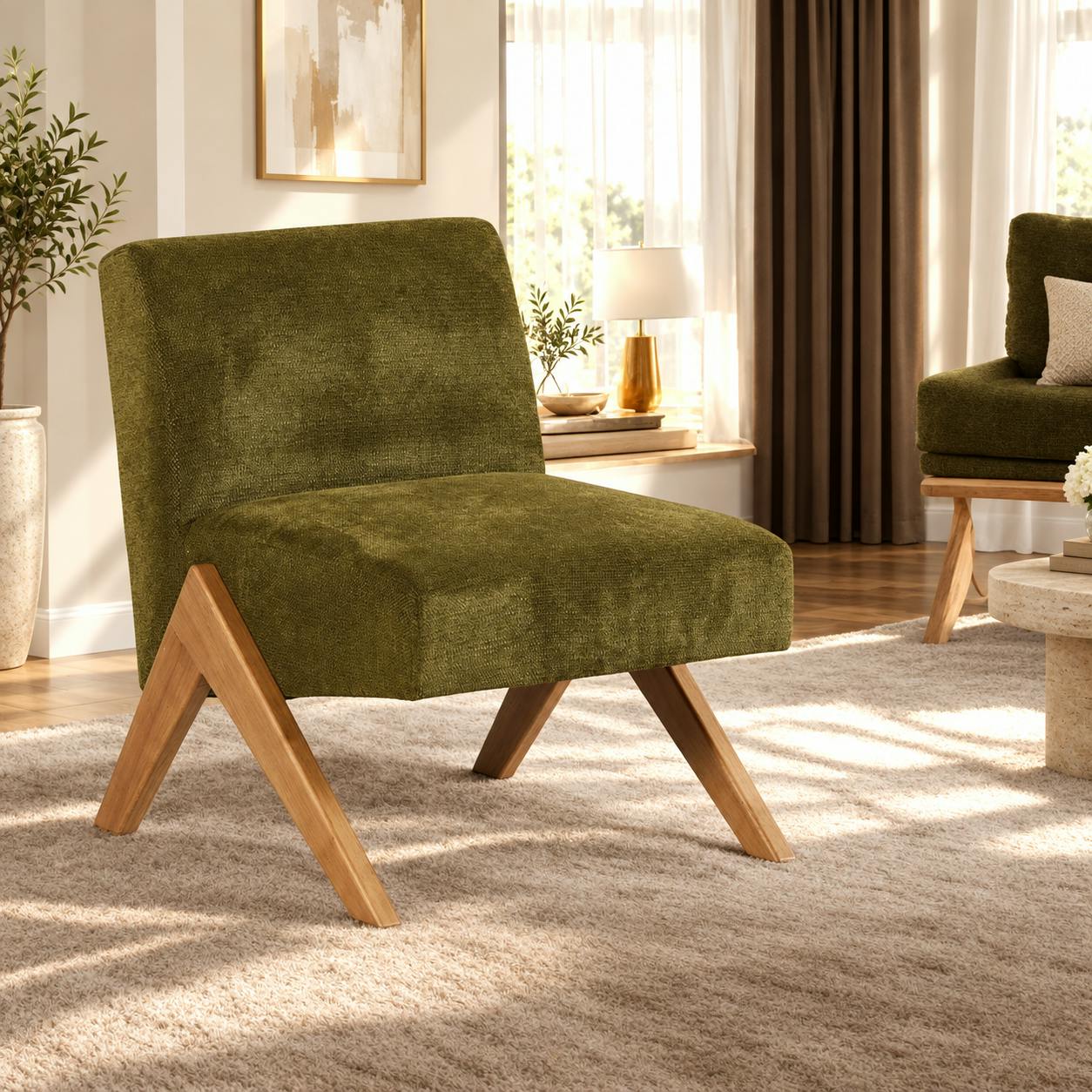 Fauteuil de salon bois et velours vert SOHO