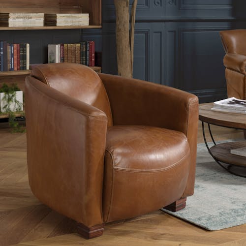 Fauteuil de salon cabriolet cuir brun PRESTON