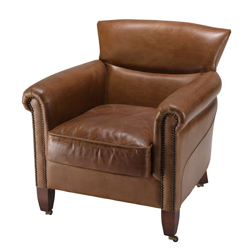 Fauteuil de salon cuir brun et roulettes PRESTON