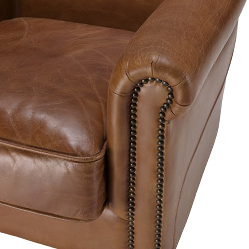 Fauteuil de salon cuir brun et roulettes PRESTON