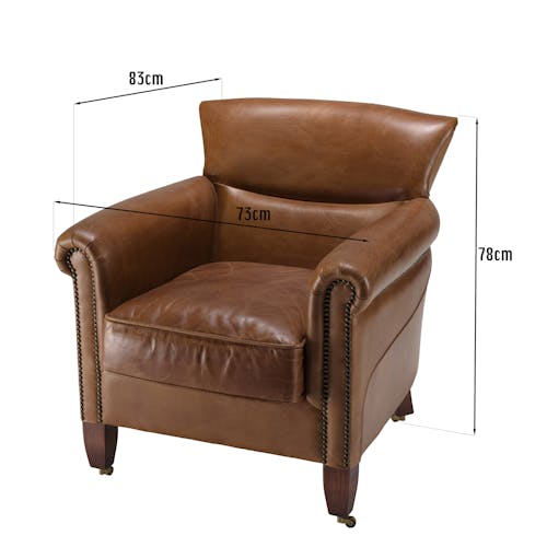 Fauteuil de salon cuir brun et roulettes PRESTON