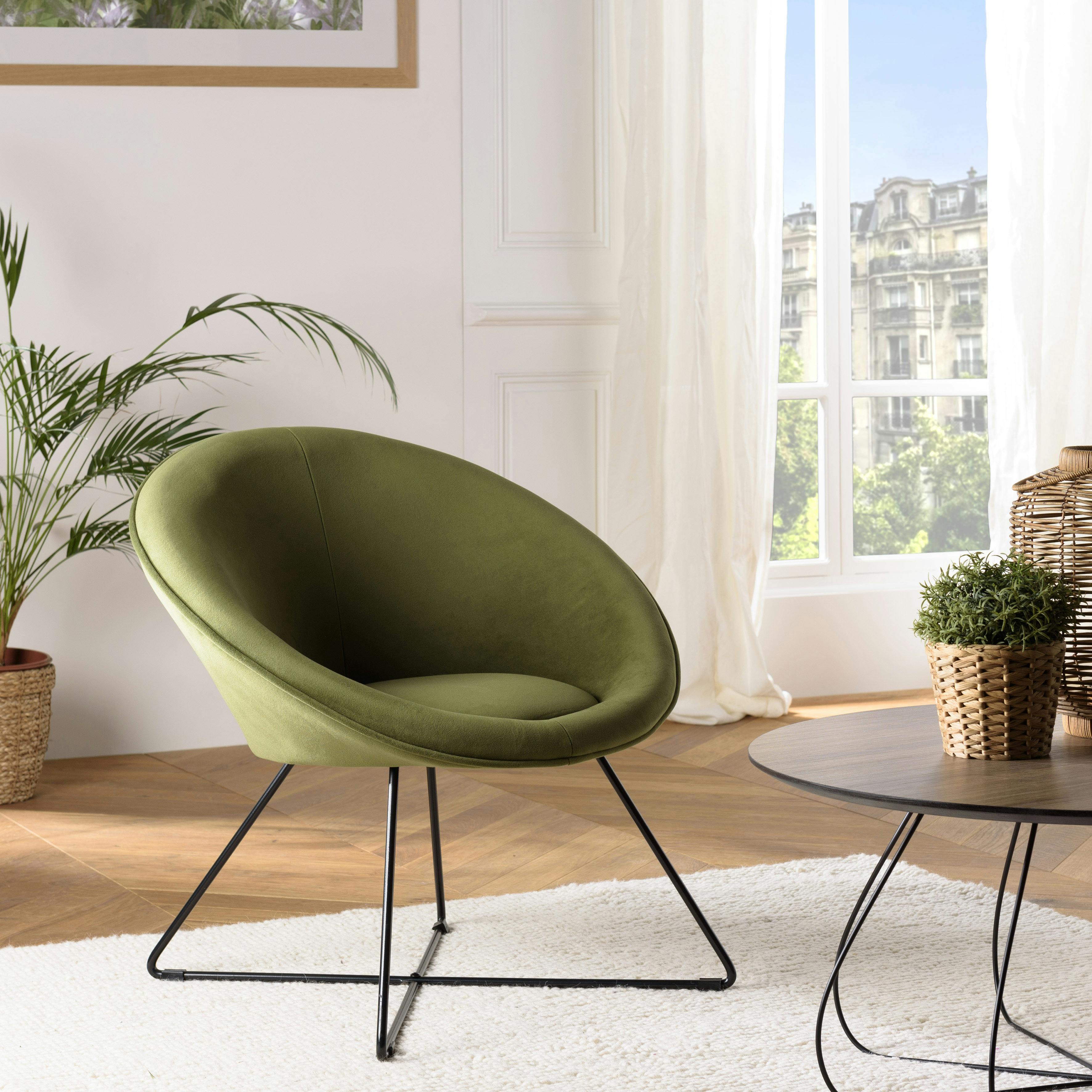 Fauteuil de salon rond velours vert olive TIM