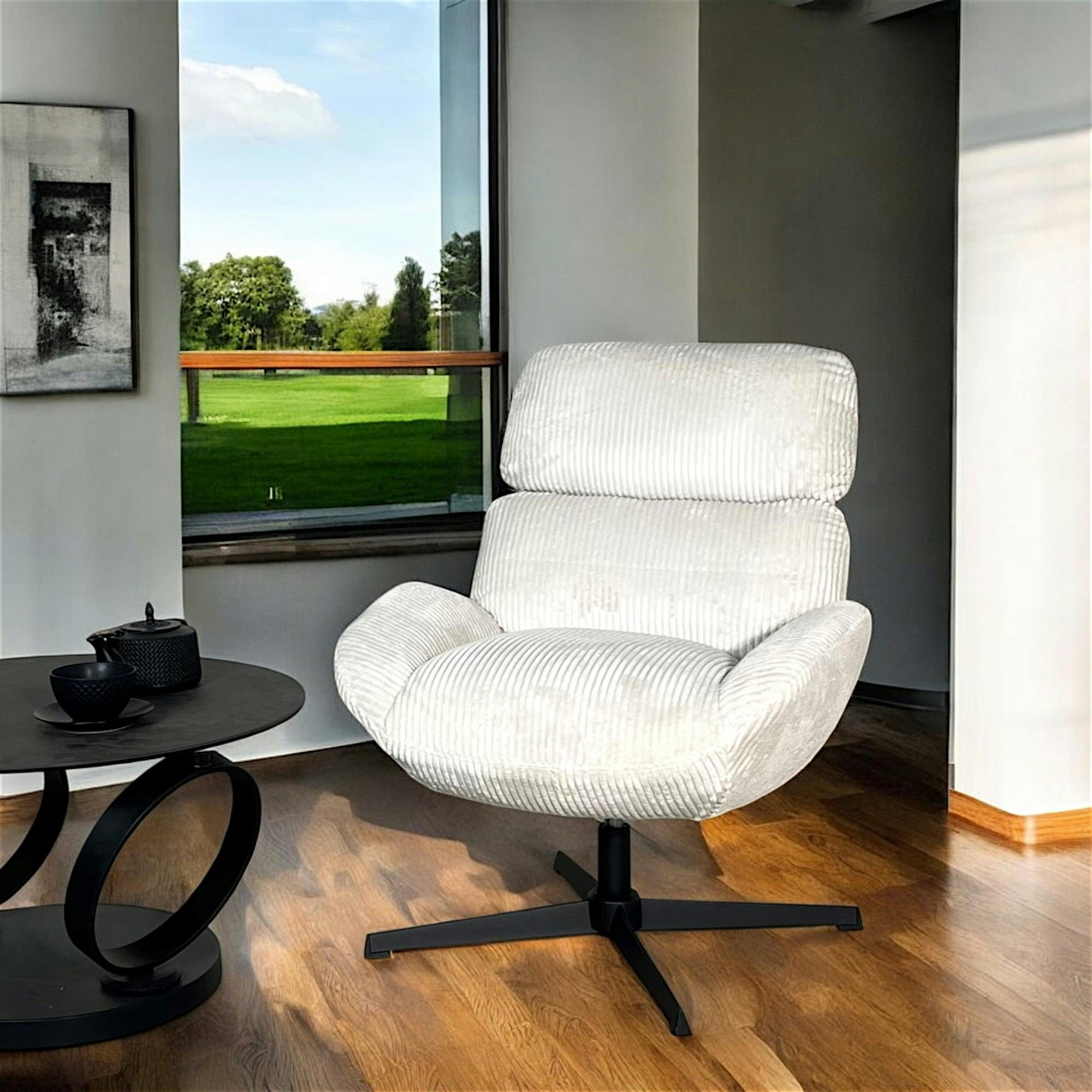 Fauteuil de salon rotatif tissu côtelé blanc IENA