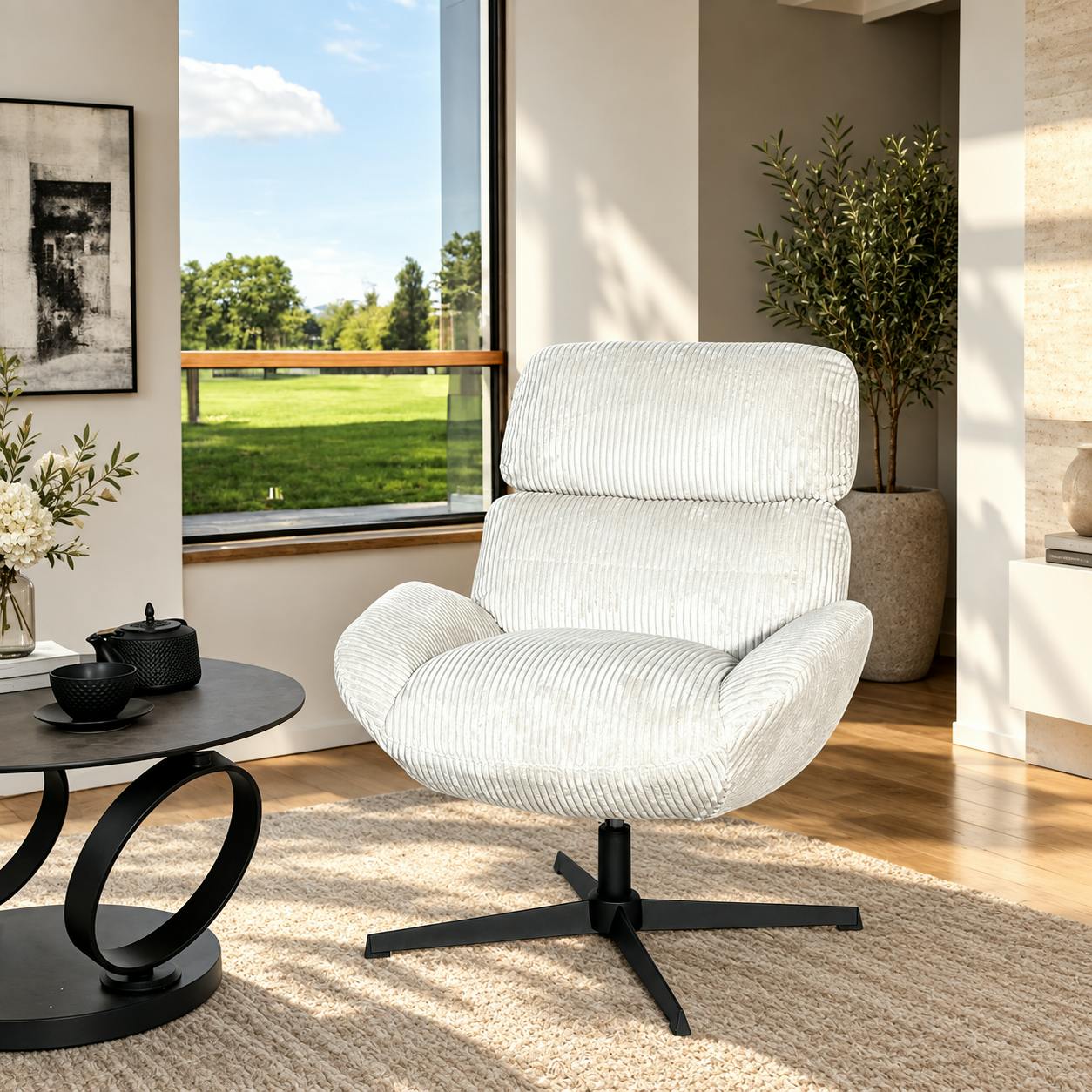 Fauteuil de salon rotatif tissu côtelé blanc IENA