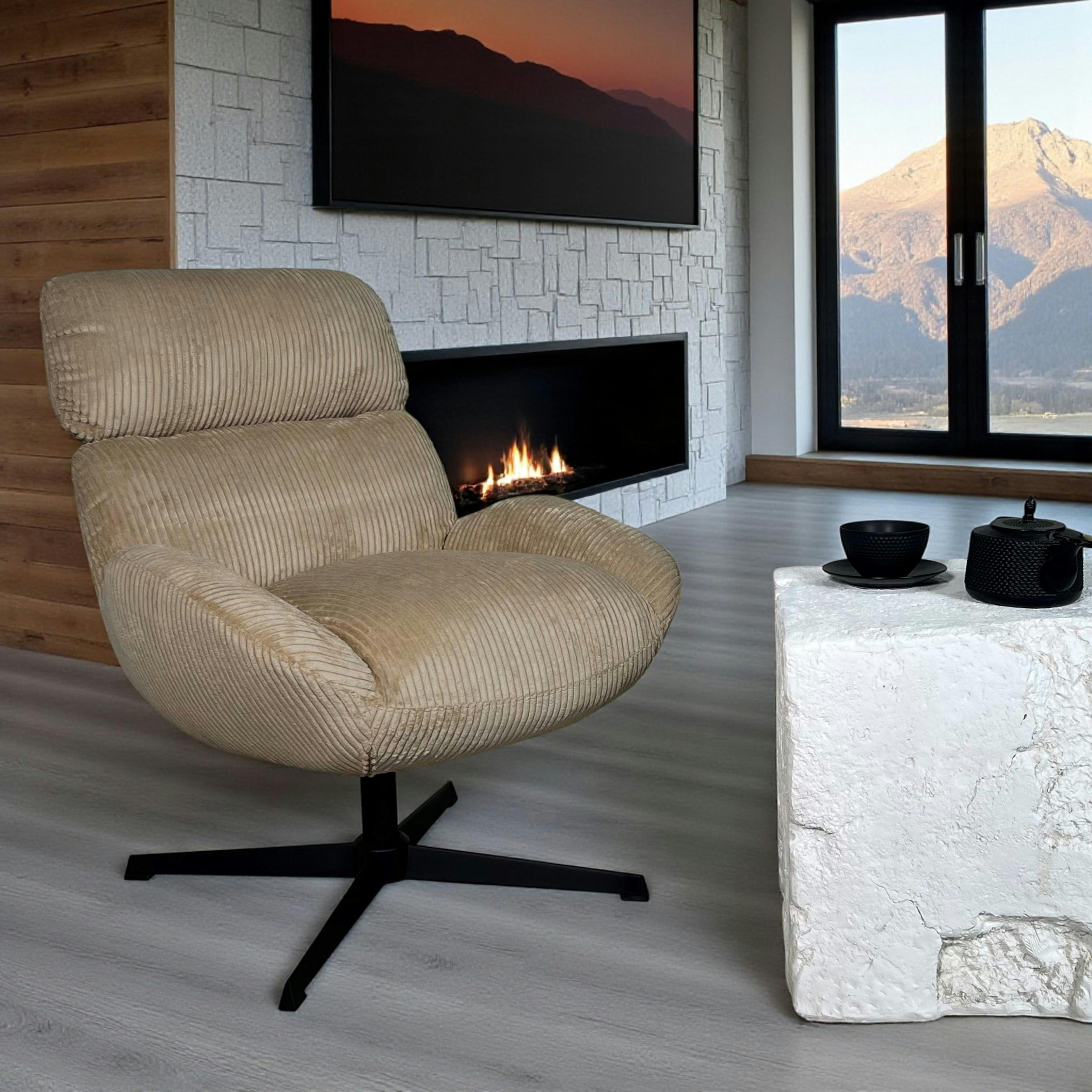 Fauteuil de salon rotatif tissu côtelé camel IENA