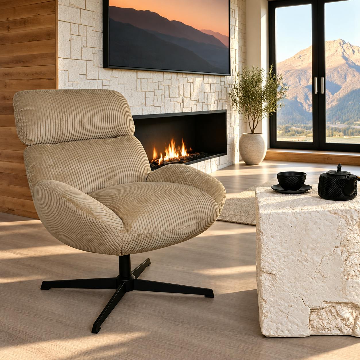 Fauteuil de salon rotatif tissu côtelé camel IENA