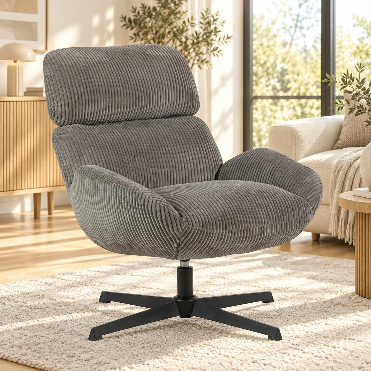 Fauteuil de salon rotatif tissu côtelé gris IENA