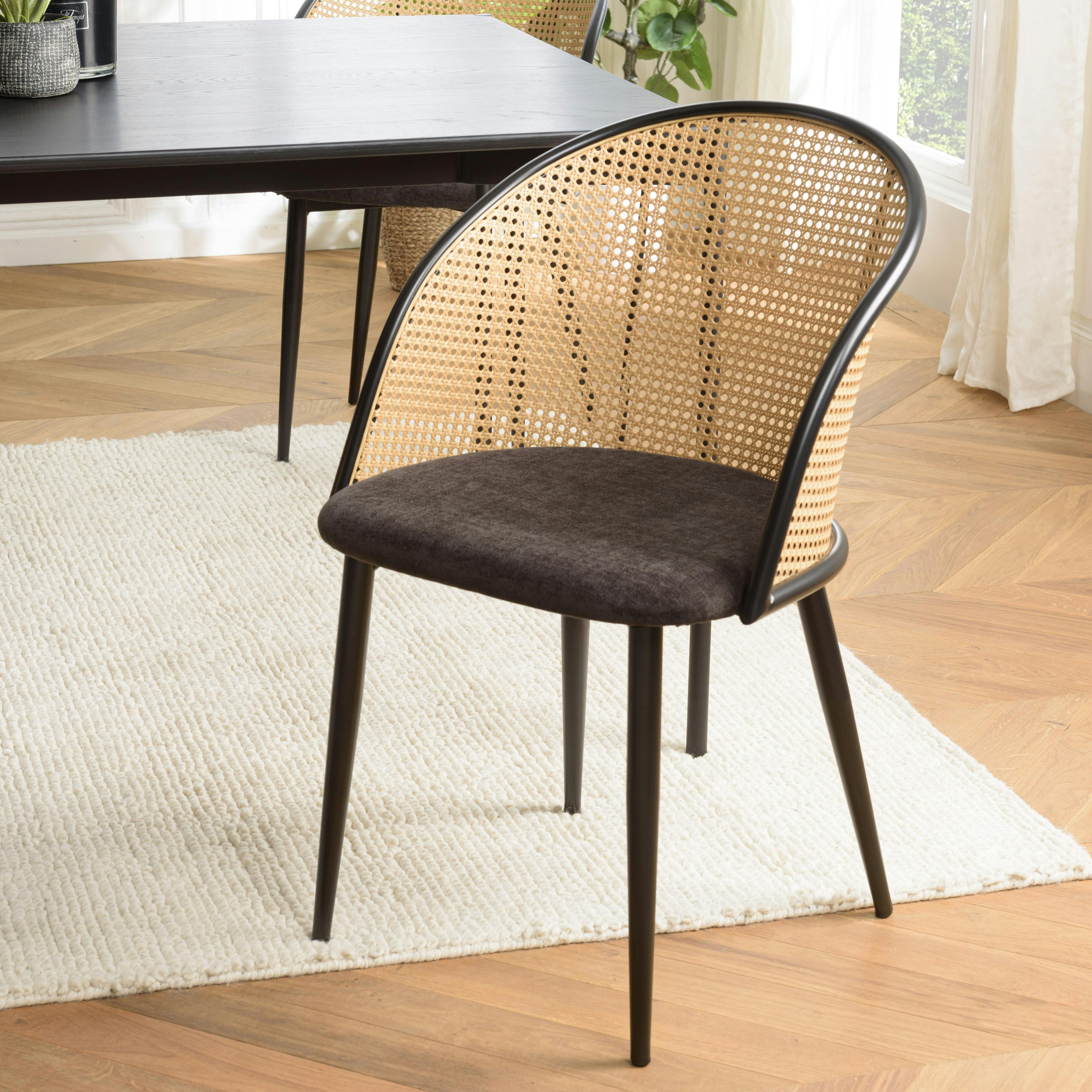 Fauteuil de table assise velours noir dossier cannage arrondi (lot de 2) LOANO