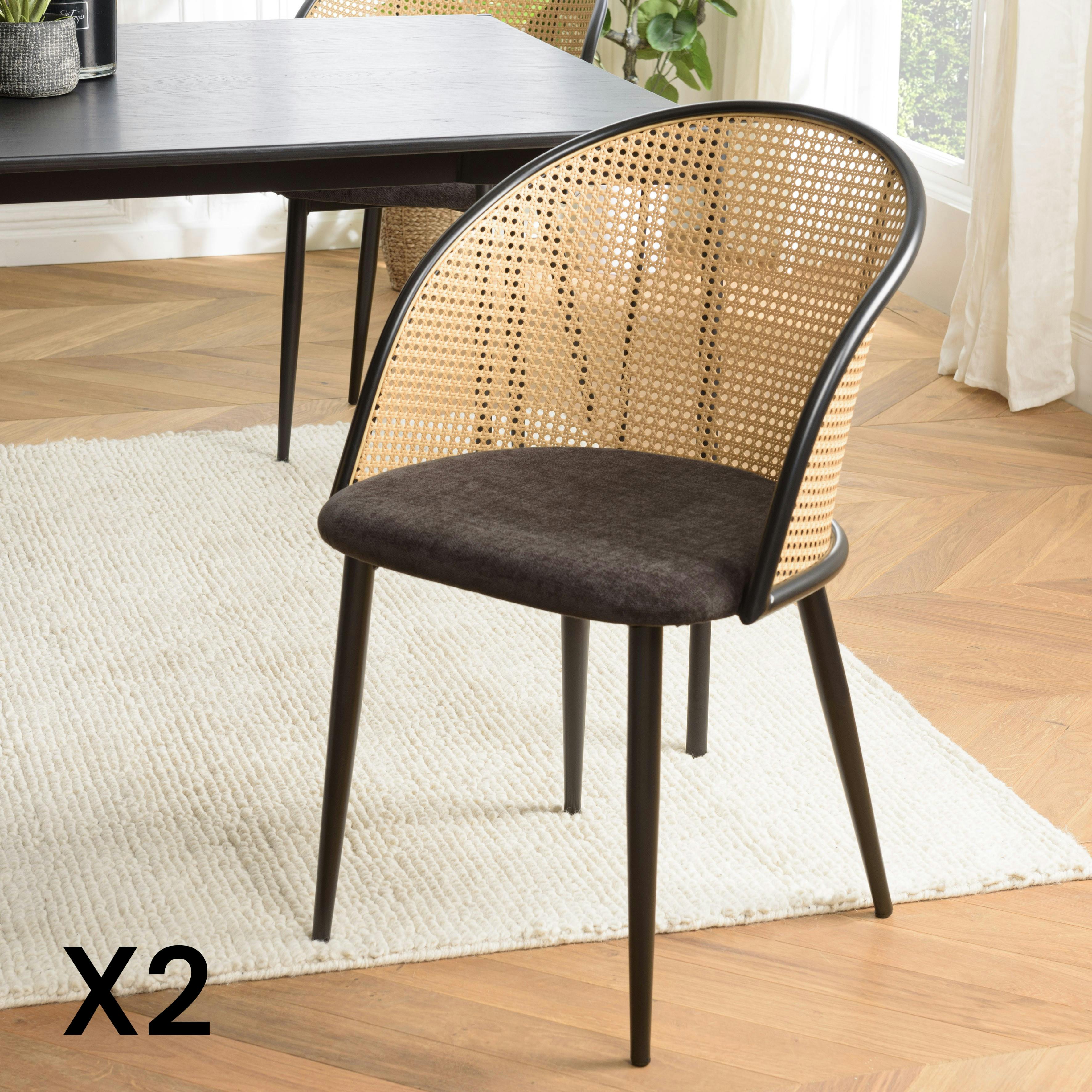 Fauteuil de table assise velours noir dossier cannage arrondi (lot de 2) LOANO