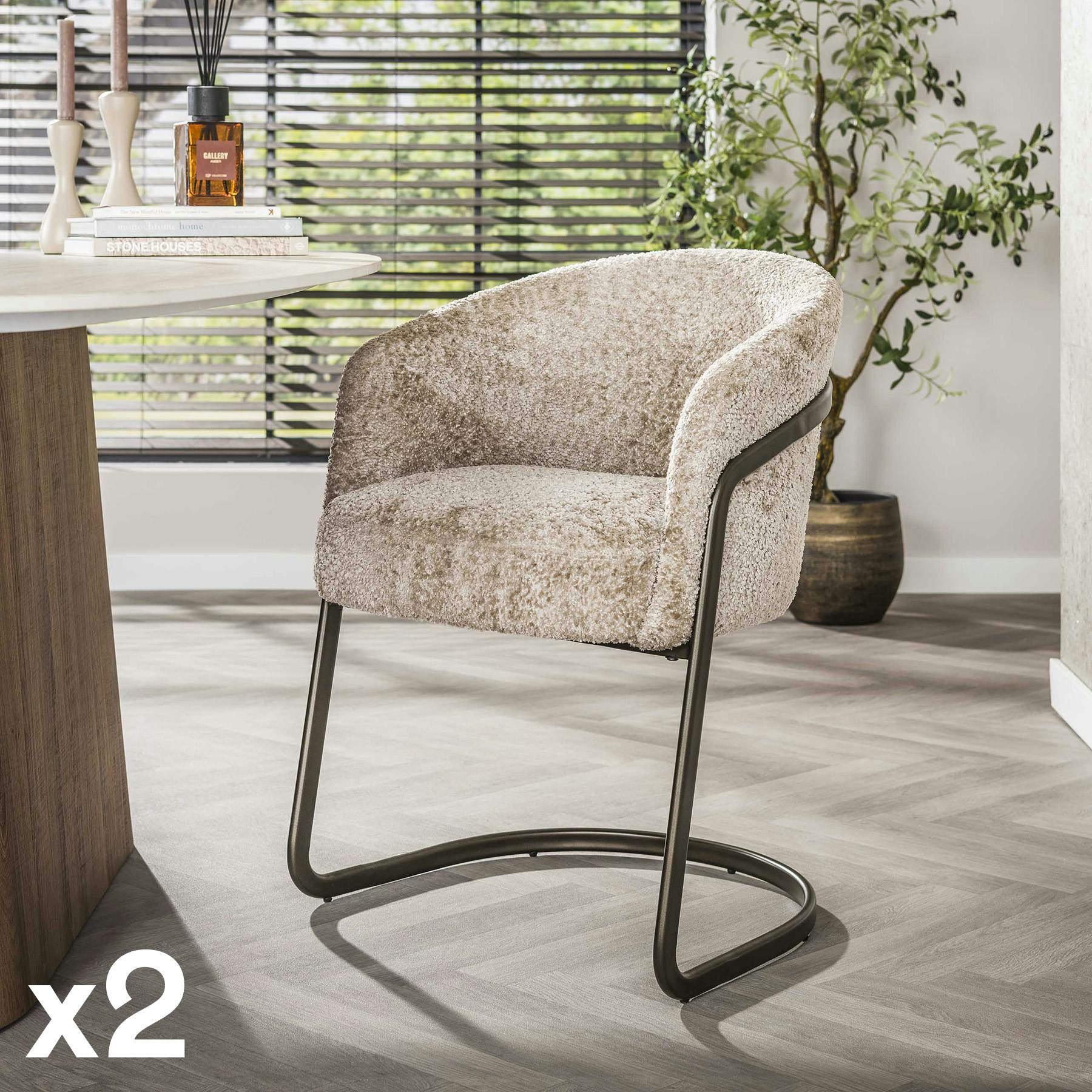 Fauteuil de table beige bouclette pied luge bronze (lot de 2) ASCOLI