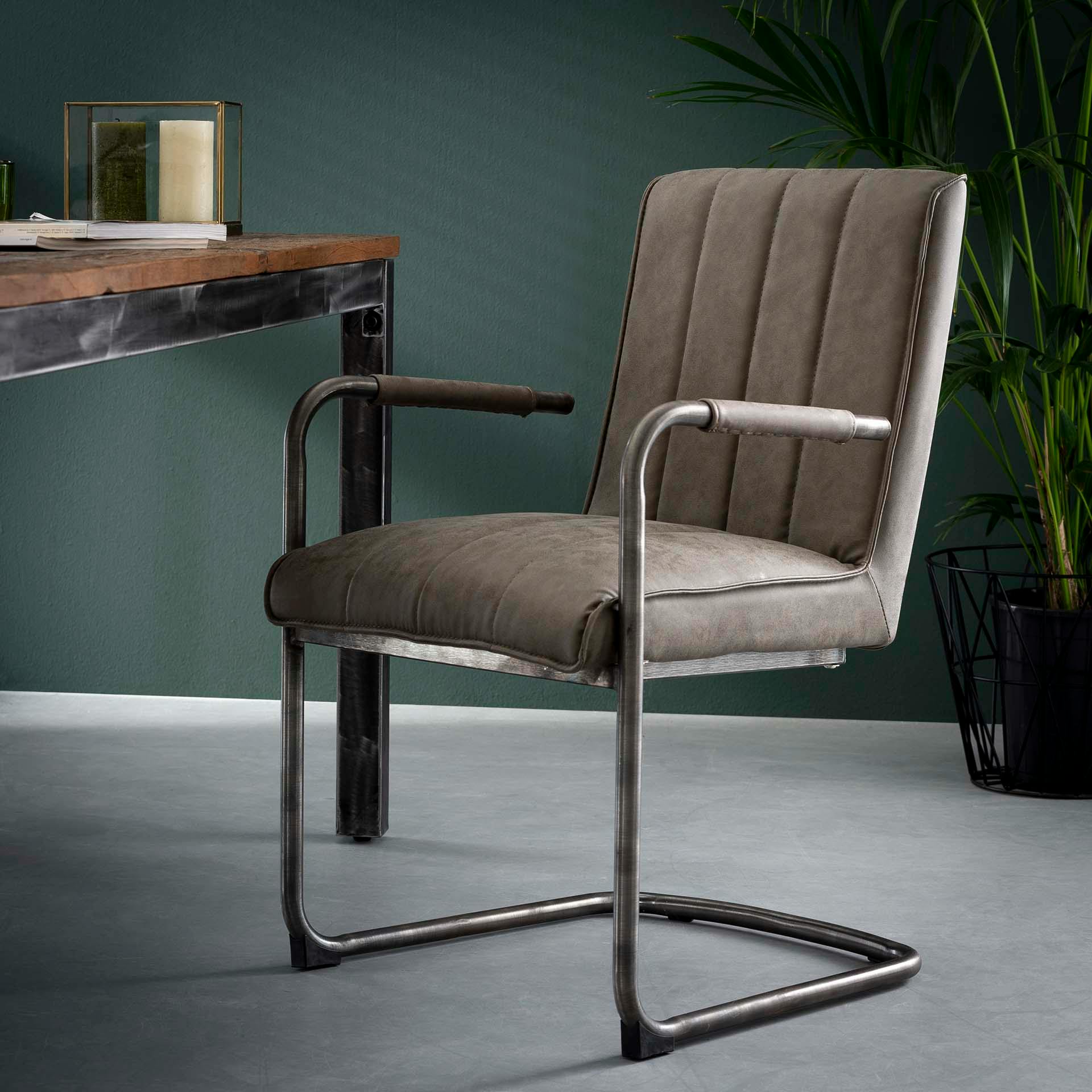 Fauteuil de table coutures verticales piètement luge taupe MELBOURNE