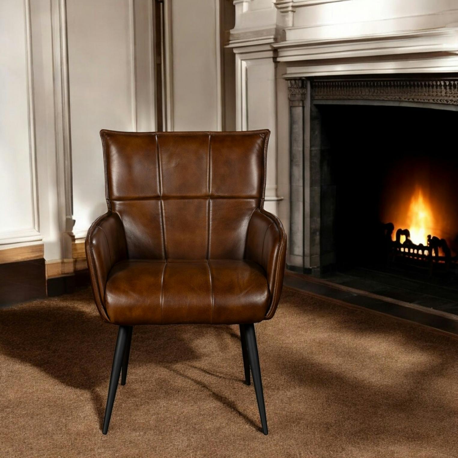 Fauteuil de table en cuir marron motif damier MASSA