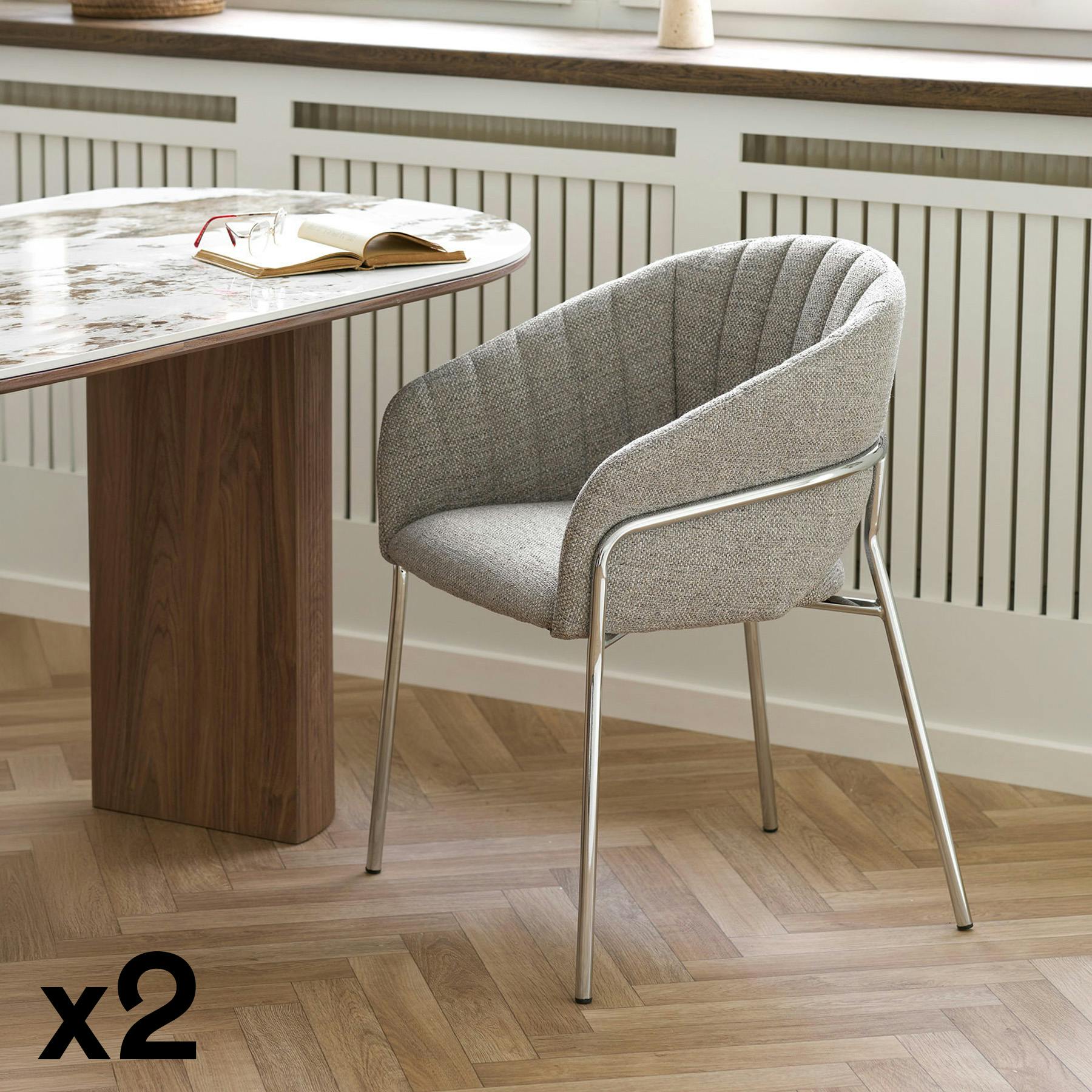Fauteuil de table en tissu gris clair, pieds chromés (lot de 2) BERLIN