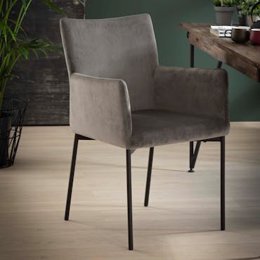  Chaise fauteuil en tissu velours gris pieds metal style contemporain