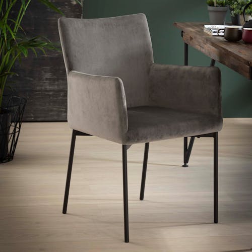 Chaise fauteuil en tissu velours gris pieds metal style contemporain