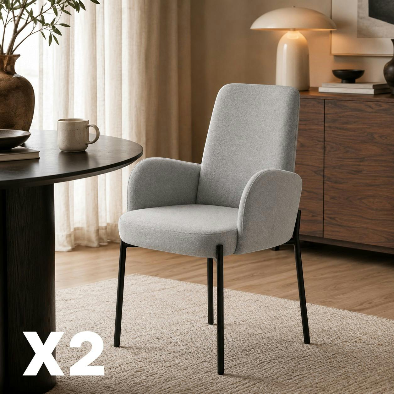 Fauteuil de table gris clair pieds noirs (x2) AUREN