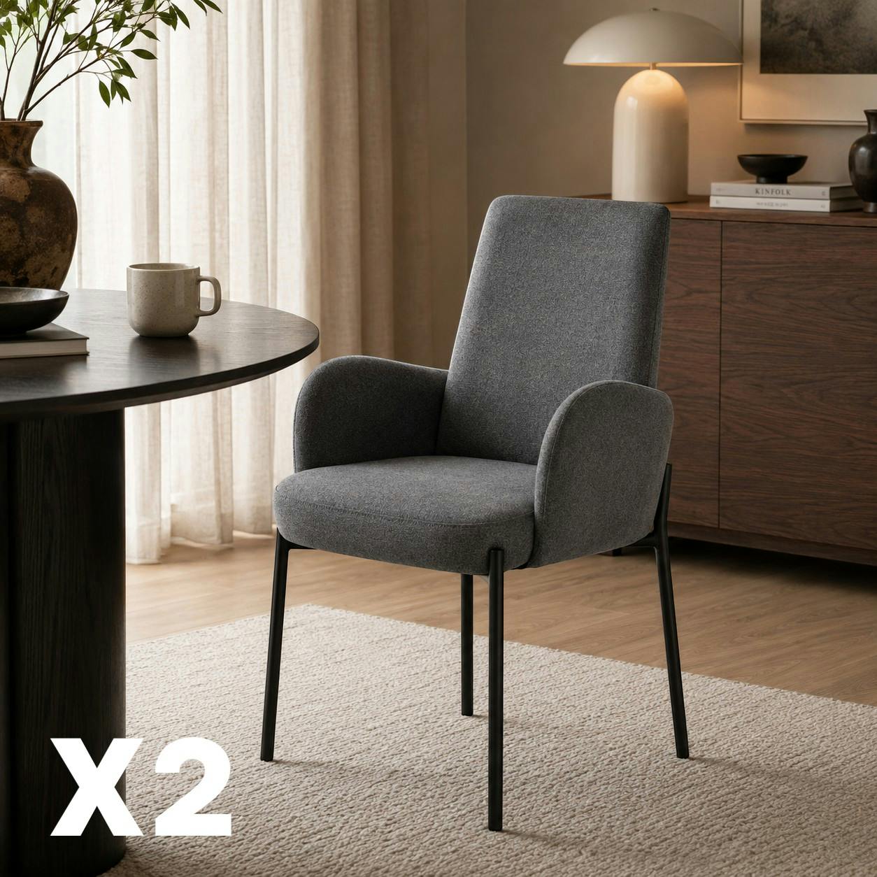 Fauteuil de table gris foncé pieds noirs (x2) AUREN