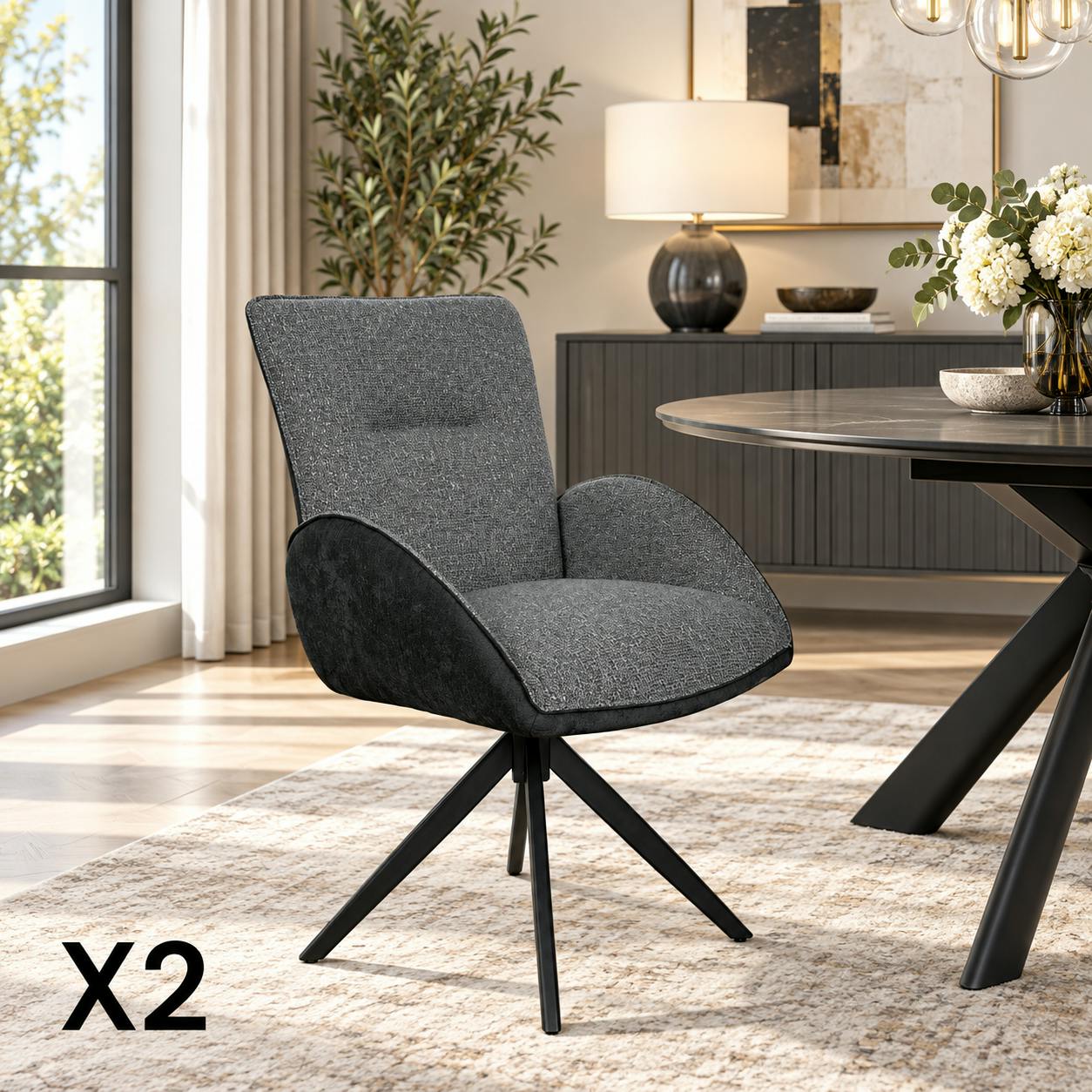 Fauteuil de table pivotant anthracite, bi-matière (lot de 2) AGADE