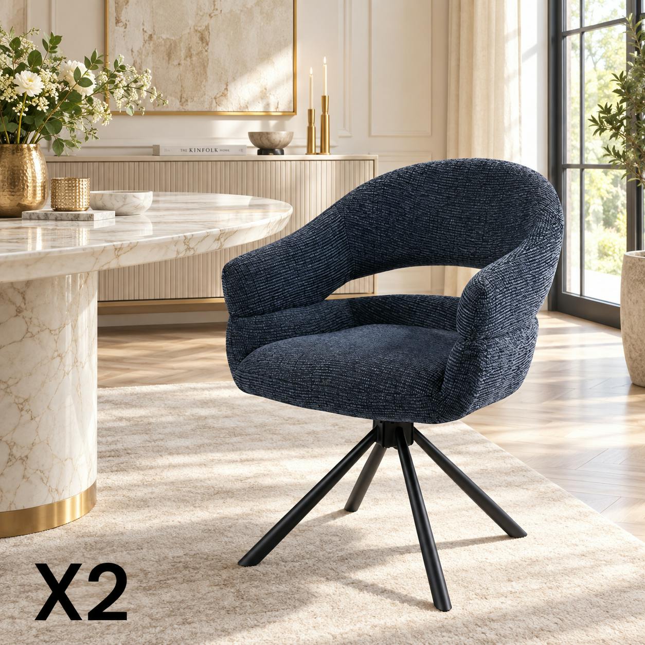 Fauteuil de table pivotant bleu à dos ouvert (lot de 2) IENA