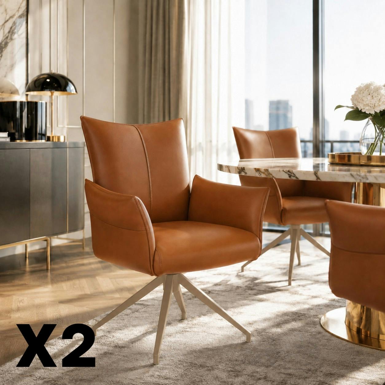 Fauteuil de table pivotant cuir cognac pied beige (x2) LOMBARDIE