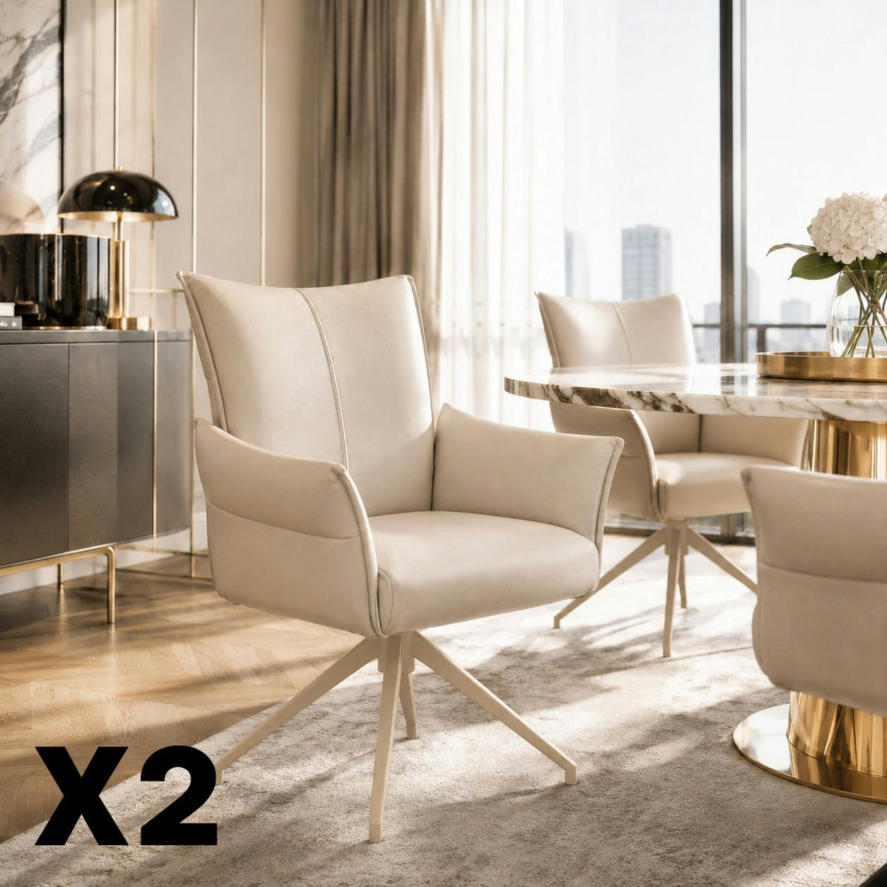 Fauteuil de table pivotant cuir ivoire pied beige (x2) LOMBARDIE