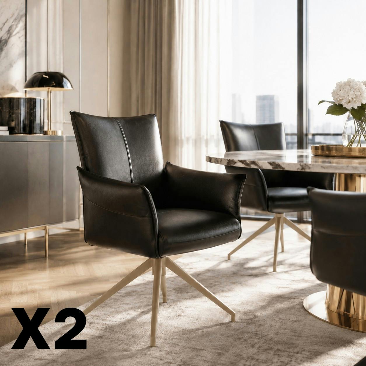 Fauteuil de table pivotant cuir noir pied beige (x2) LOMBARDIE