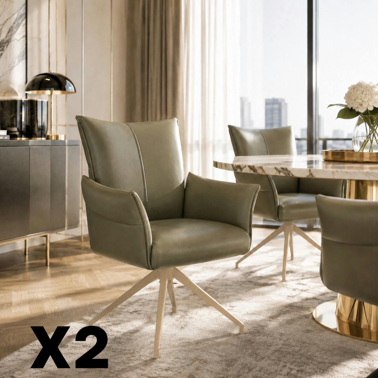 Fauteuil de table pivotant cuir vert pied beige (x2) LOMBARDIE