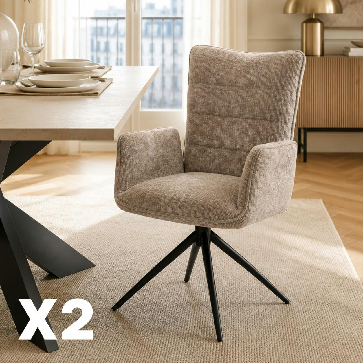 Fauteuil de table pivotant taupe en tissu texturé (x2) RIVANO