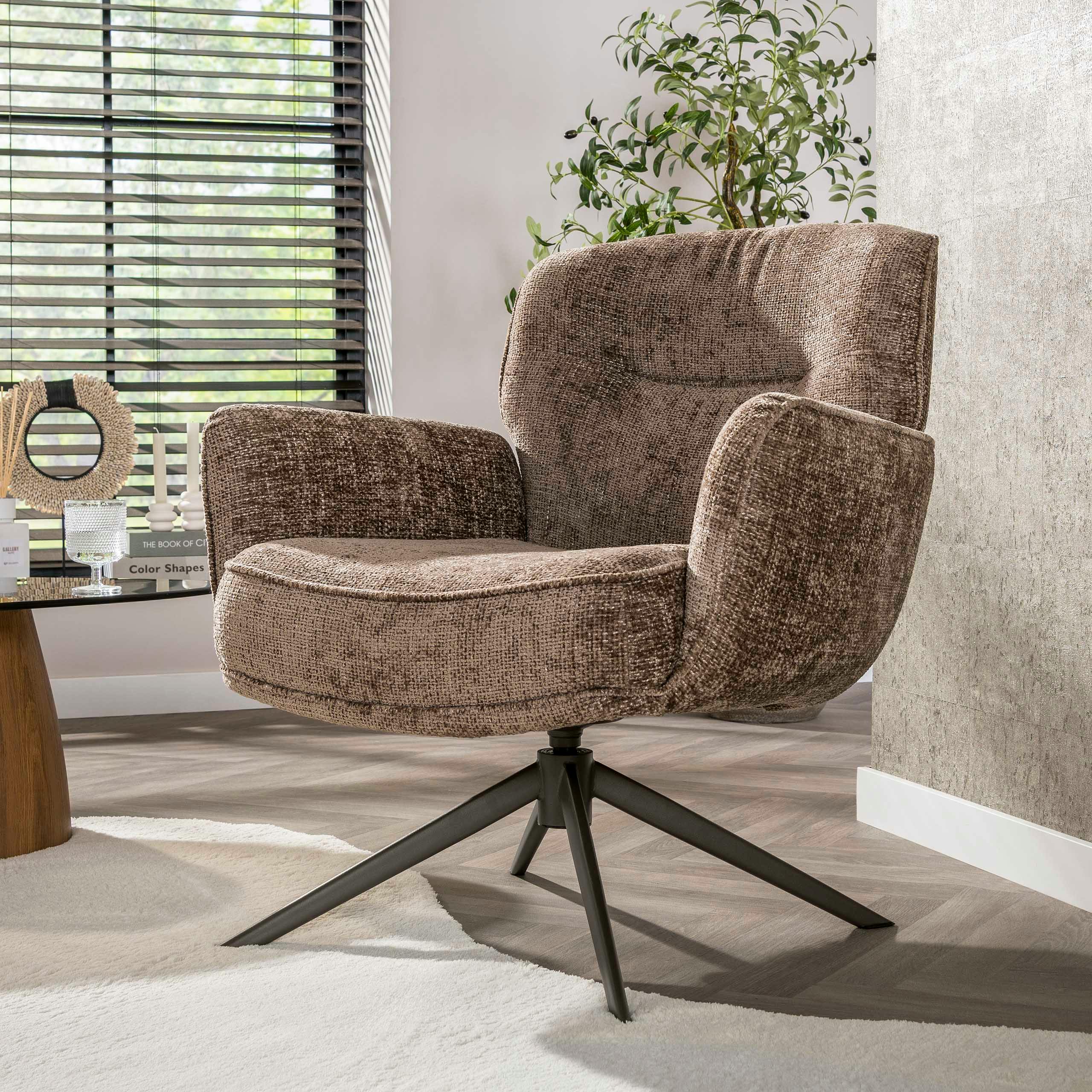 Fauteuil de salon pivotant tissu chenille brun chaud ASCOLI