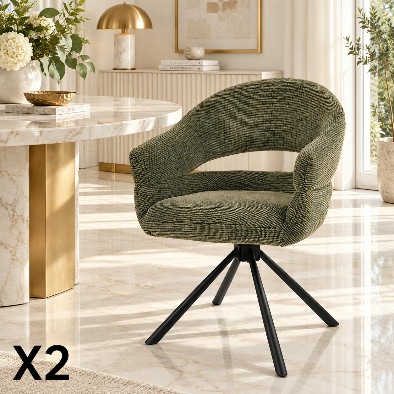 Fauteuil de table pivotant vert à dos ouvert (lot de 2) IENA