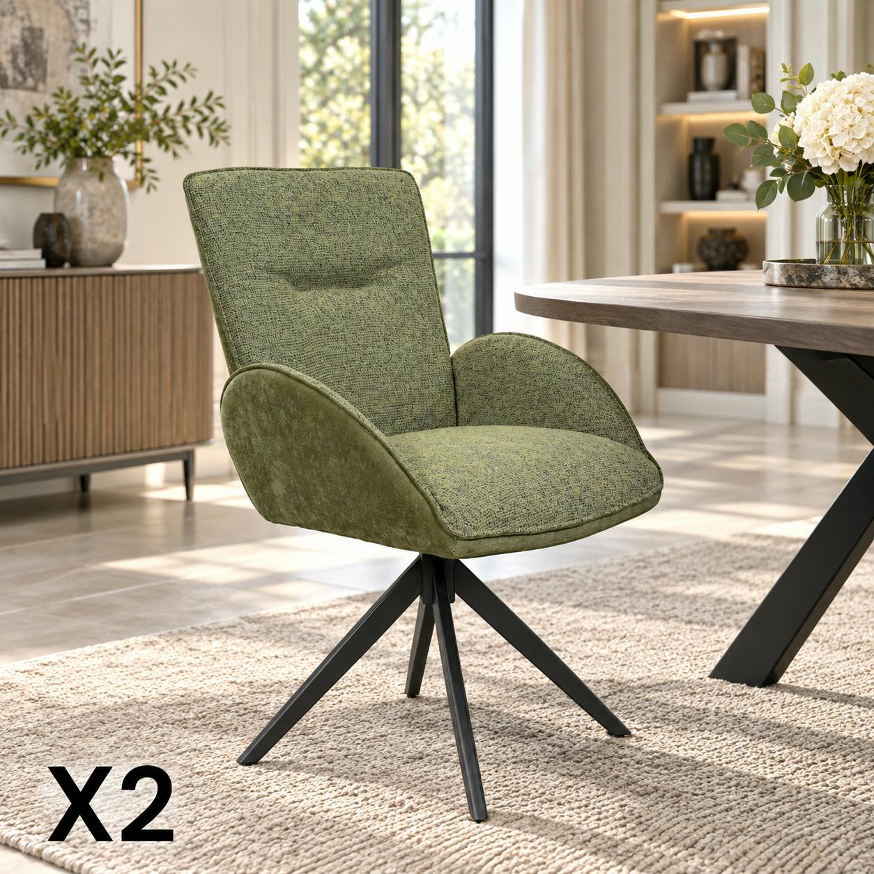 Fauteuil de table pivotant vert, bi-matière (lot de 2) AGADE