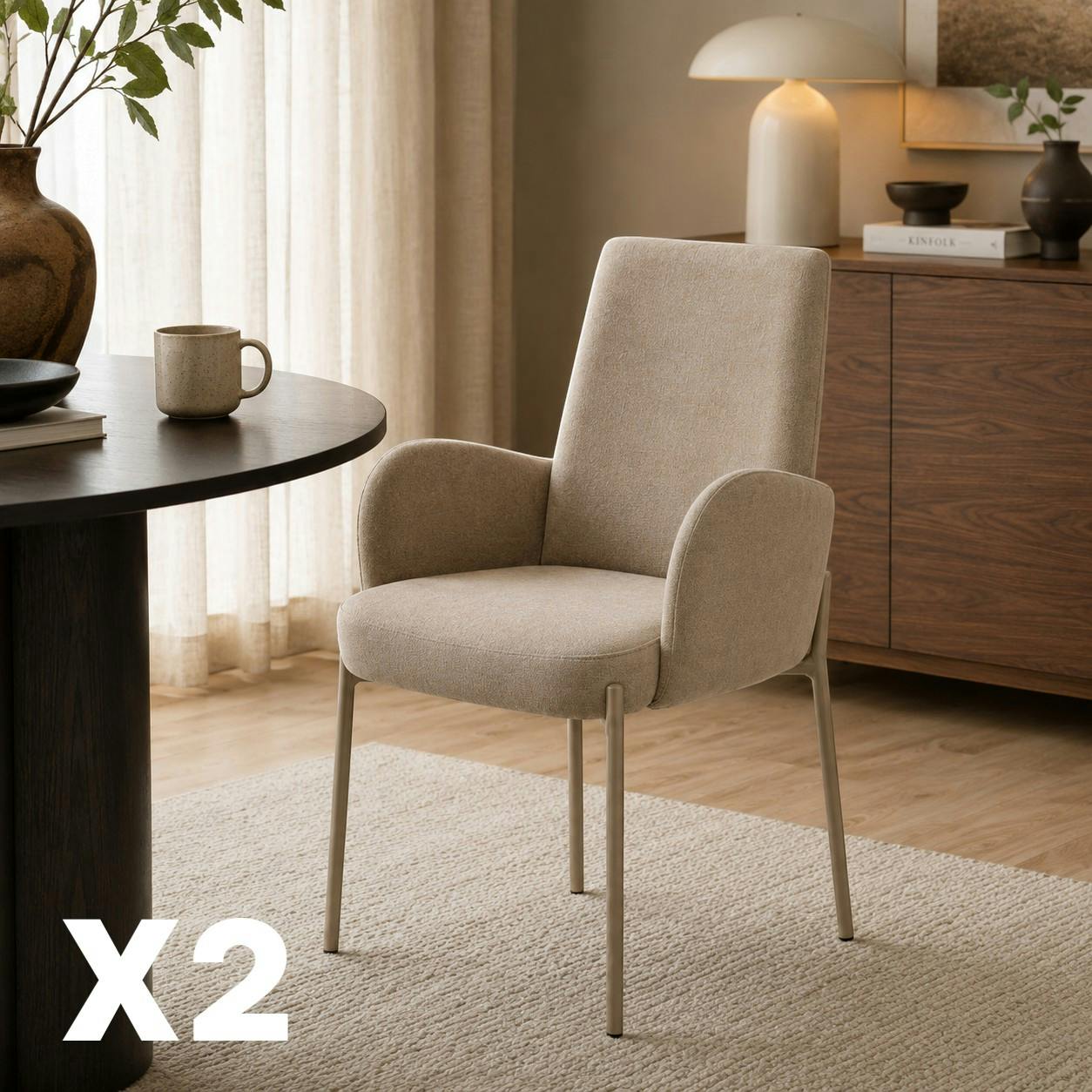 Fauteuil de table tissu beige pieds beige (x2) AUREN